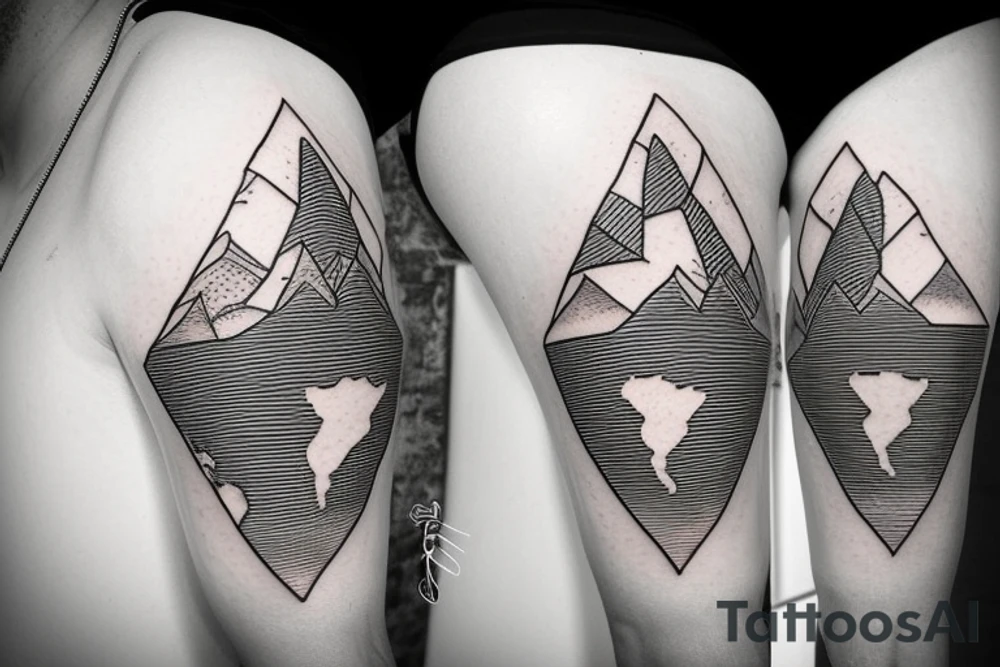 World map surrounded by mountains and fir trees tattoo idea