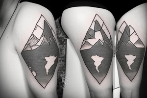 World map surrounded by mountains and fir trees tattoo idea