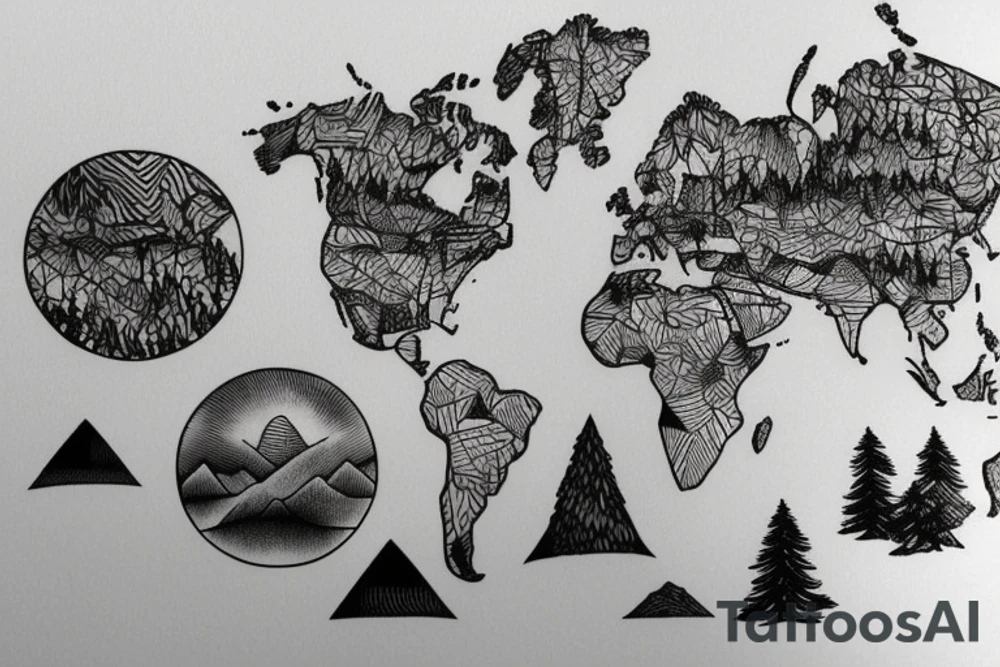 World map surrounded by mountains and fir trees tattoo idea World map surrounded by mountains and fir trees tattoo idea