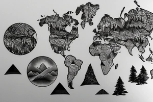 World map surrounded by mountains and fir trees tattoo idea
