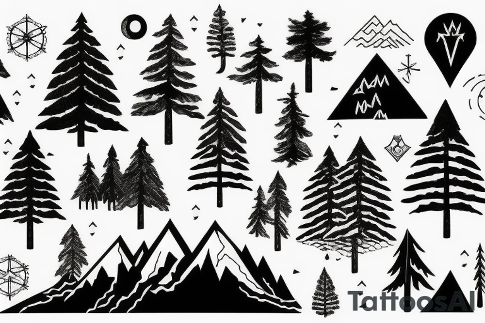 World map surrounded by mountains and fir trees tattoo idea World map surrounded by mountains and fir trees tattoo idea