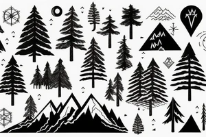 World map surrounded by mountains and fir trees tattoo idea