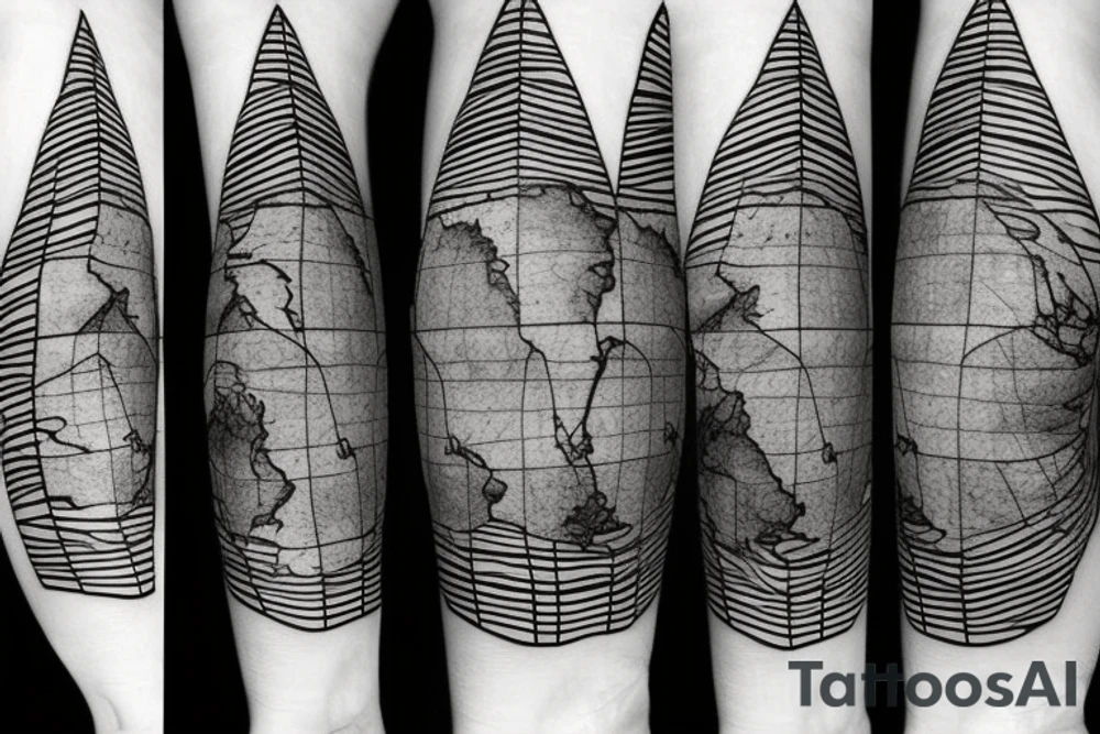 World map surrounded by mountains and fir trees tattoo idea