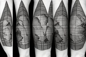 World map surrounded by mountains and fir trees tattoo idea