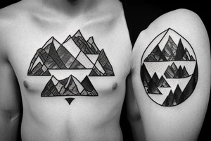 World map, surrounded by mountains and fir trees tattoo idea