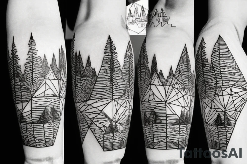 World map, surrounded by mountains and fir trees tattoo idea