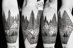 World map, surrounded by mountains and fir trees tattoo idea