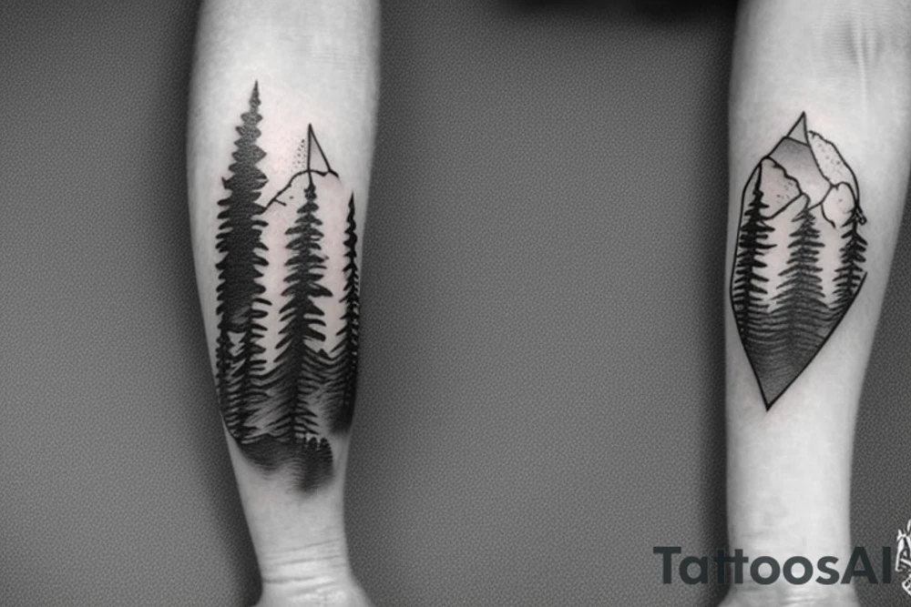 World map, surrounded by mountains and fir trees tattoo idea