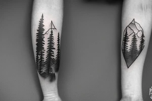 World map, surrounded by mountains and fir trees tattoo idea