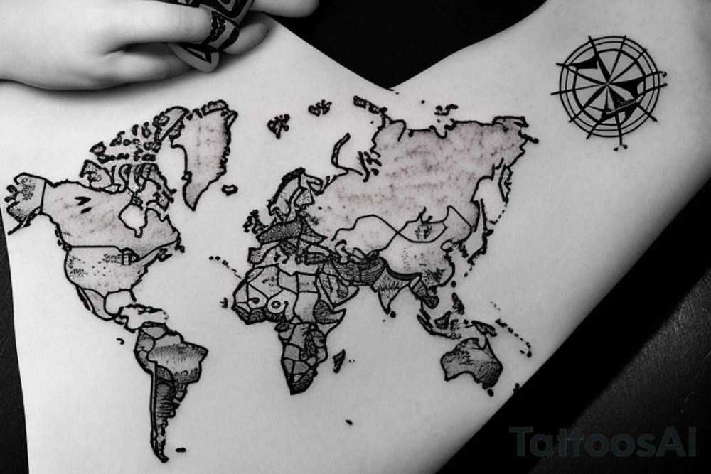 World map, surrounded by mountains and fir trees tattoo idea