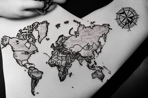 World map, surrounded by mountains and fir trees tattoo idea