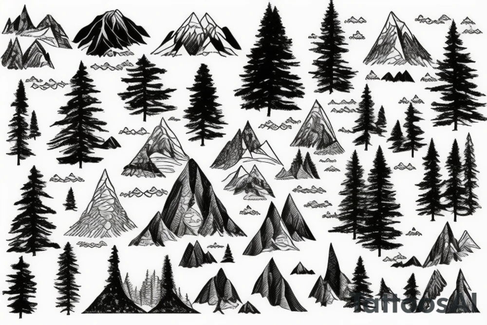 World map, surrounded by mountains and fir trees tattoo idea World map, surrounded by mountains and fir trees tattoo idea