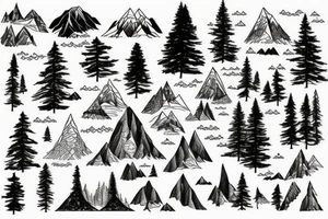 World map, surrounded by mountains and fir trees tattoo idea
