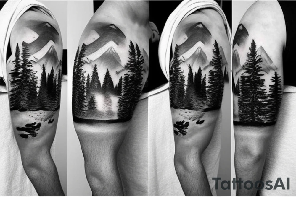 World map, surrounded by mountains and fir trees tattoo idea World map, surrounded by mountains and fir trees tattoo idea