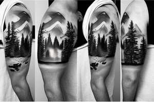 World map, surrounded by mountains and fir trees tattoo idea