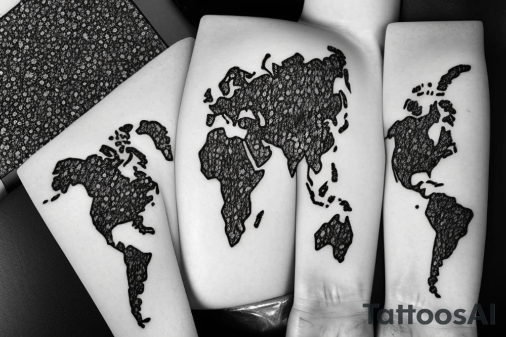 World map, surrounded by mountains and fir trees tattoo idea World map, surrounded by mountains and fir trees tattoo idea