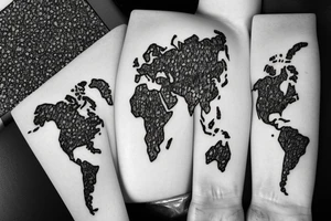 World map, surrounded by mountains and fir trees tattoo idea