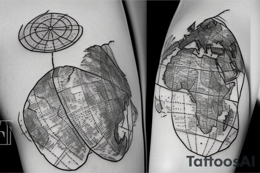 World map, surrounded by mountains and fir trees tattoo idea World map, surrounded by mountains and fir trees tattoo idea