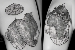 World map, surrounded by mountains and fir trees tattoo idea