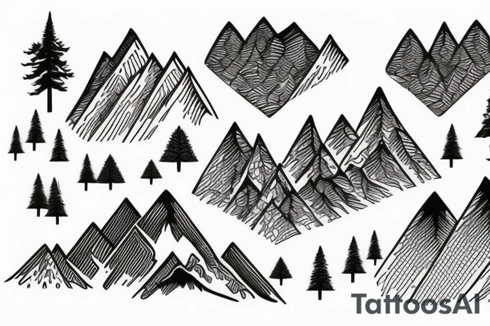 World map, surrounded by mountains and fir trees tattoo idea