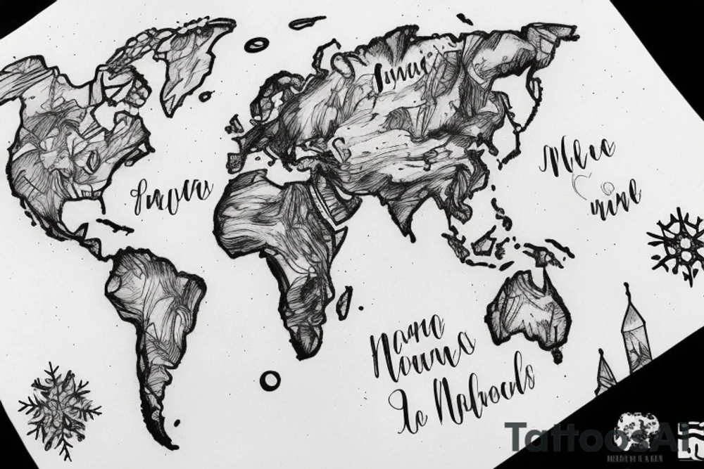 World map, surrounded by mountains and fir trees tattoo idea World map, surrounded by mountains and fir trees tattoo idea