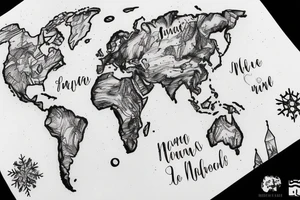 World map, surrounded by mountains and fir trees tattoo idea