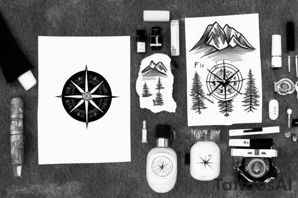 Fir tree and mountains and a compass tattoo idea
