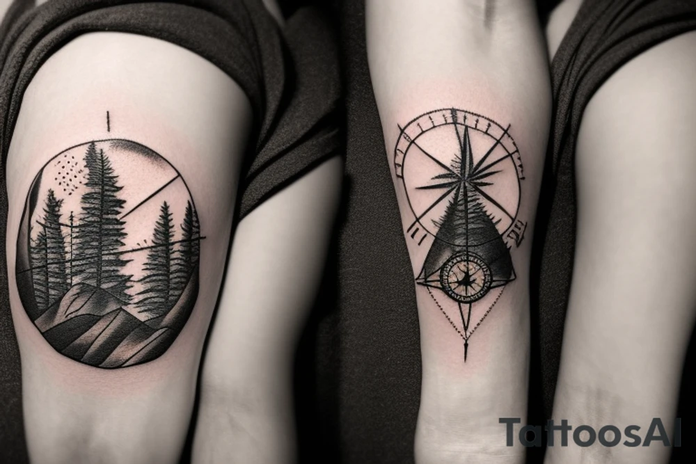 Fir tree and mountains and a compass tattoo idea