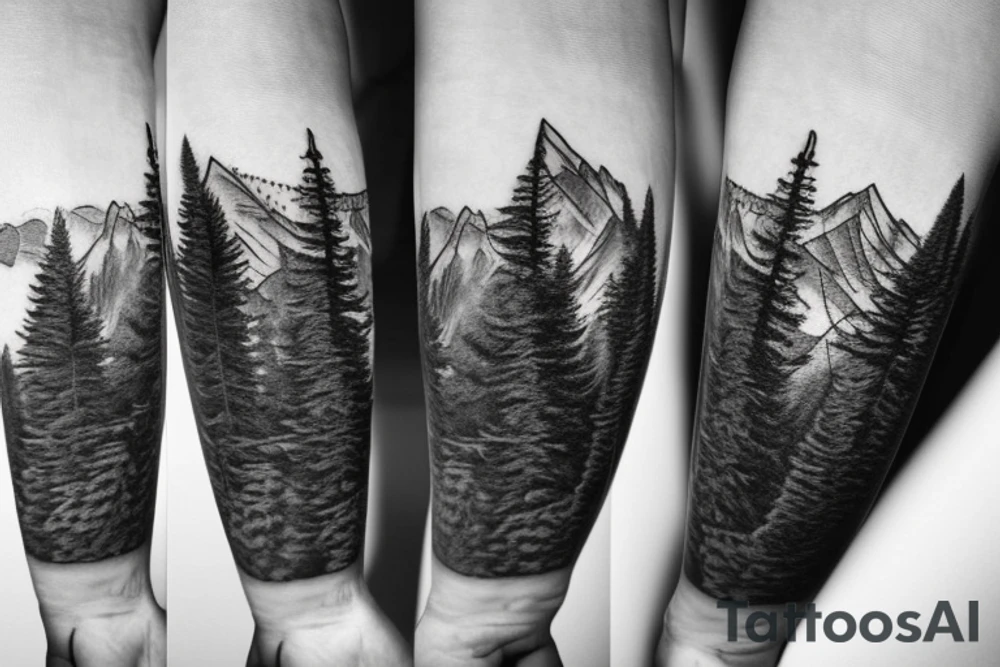 Fir tree and mountains and a compass tattoo idea