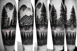 Fir tree and mountains and a compass tattoo idea
