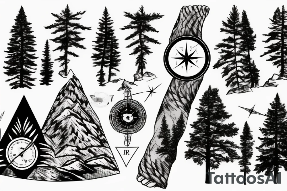 Fir tree and mountains and a compass tattoo idea