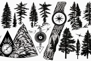 Fir tree and mountains and a compass tattoo idea