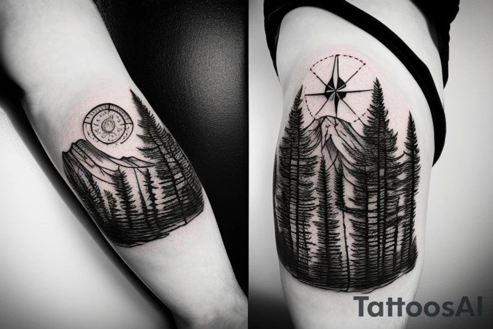 Fir tree and mountains and a compass tattoo idea