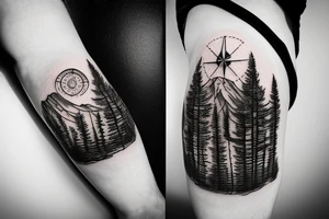 Fir tree and mountains and a compass tattoo idea