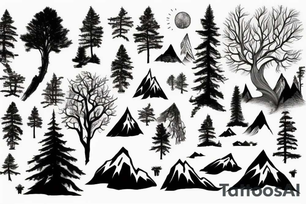 Fir tree and mountain and world tattoo idea