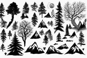 Fir tree and mountain and world tattoo idea