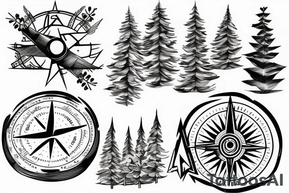 Fir tree and mountain and compass tattoo idea