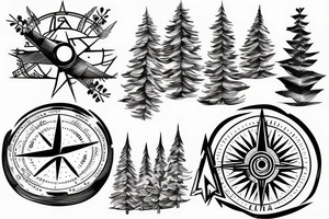 Fir tree and mountain and compass tattoo idea