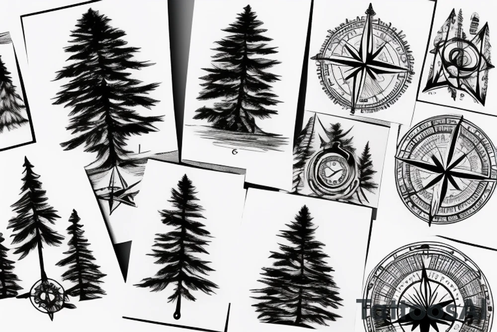 Fir tree and mountain and compass tattoo idea