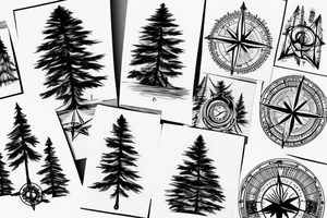 Fir tree and mountain and compass tattoo idea