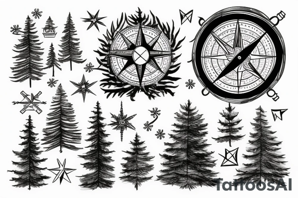 Fir tree and mountain and compass tattoo idea
