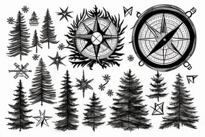 Fir tree and mountain and compass tattoo idea