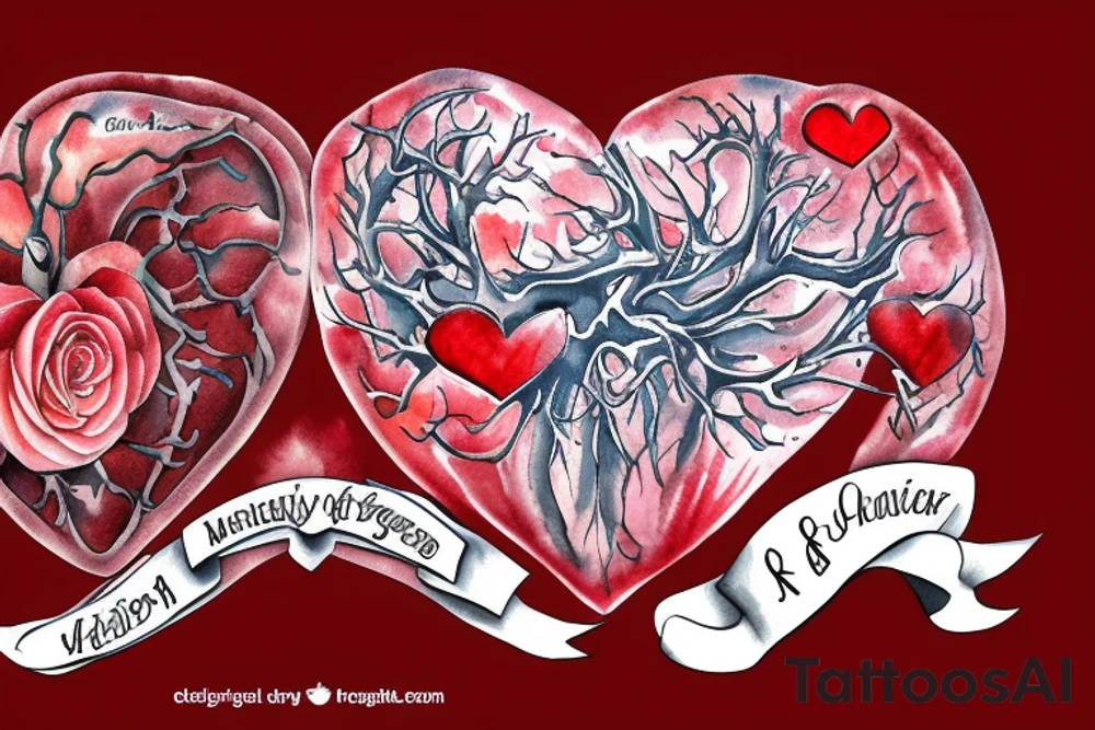 Anatomical red heart with the name Arch tattoo idea