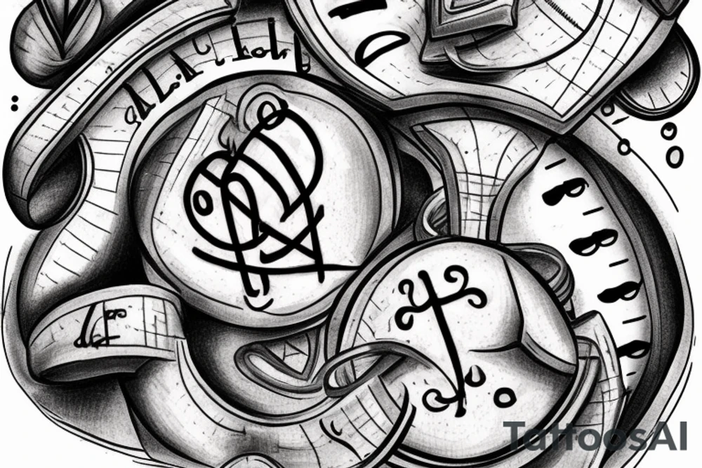 disballanced scales. On the lower pan man's symbol, basket ball and letters D N A. On the upper pan Yin symbol, broken heart and hourglass tattoo idea