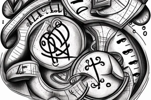 disballanced scales. On the lower pan man's symbol, basket ball and letters D N A. On the upper pan Yin symbol, broken heart and hourglass tattoo idea