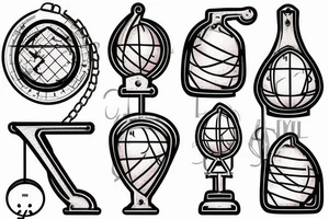 disballanced scales. On the lower pan man's symbol, basket ball and letters D N A. On the upper pan Yin symbol, broken heart and hourglass tattoo idea