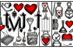 disballanced scales. On the lower pan man's symbol, basket ball and letters D N A. On the upper pan Yin symbol, broken heart and hourglass tattoo idea