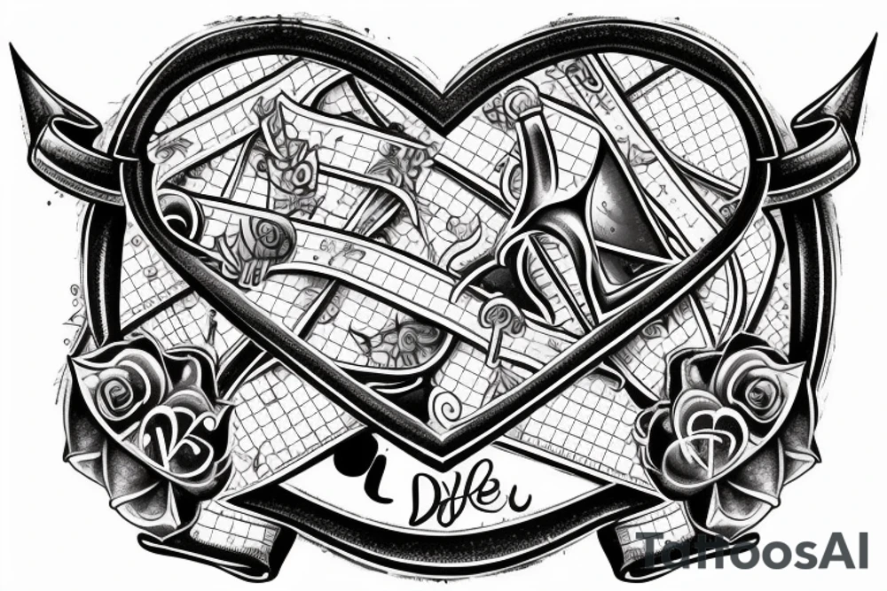 disballanced scales. On the lower pan man's symbol, basket ball and letters D N A. On the upper pan Yin symbol, broken heart and hourglass tattoo idea