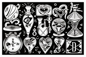disballanced scales. On the lower pan man's symbol, basket ball and letters D N A. On the upper pan Yin symbol, broken heart and hourglass tattoo idea