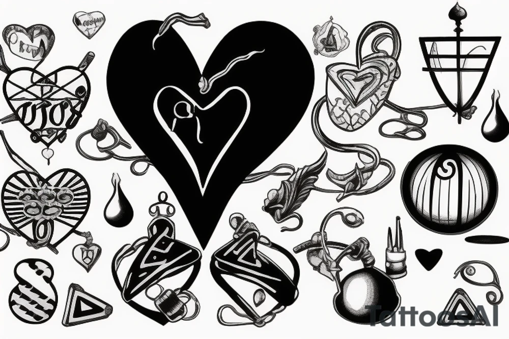 disballanced scales. On the lower pan man's symbol, basket ball and letters D N A. On the upper pan Yin symbol, broken heart and hourglass tattoo idea